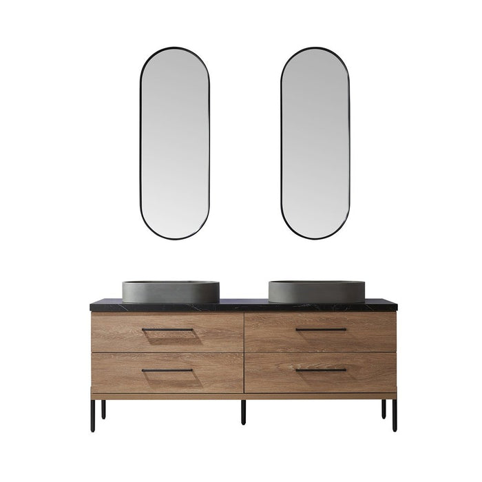 Vinnova Designs Trento 72" Double Sink Bath Vanity in North American Oak with Black Sintered Stone Top with Concrete Sink and Mirror