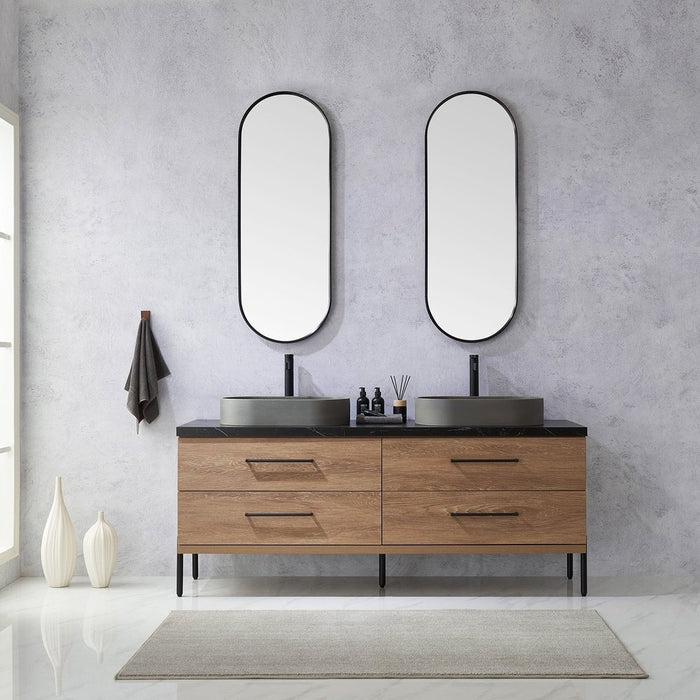 Vinnova Designs Trento 72" Double Sink Bath Vanity in North American Oak with Black Sintered Stone Top with Concrete Sink and Mirror