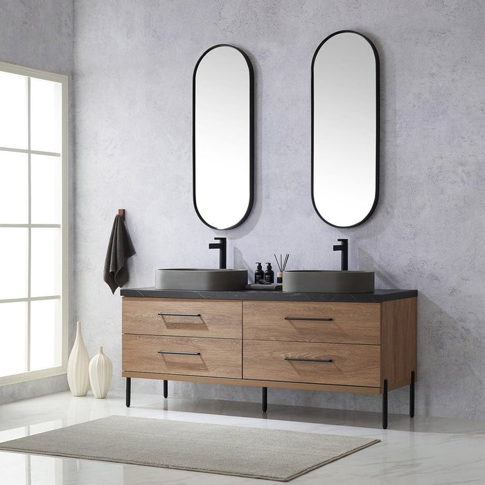 Vinnova Designs Trento 72" Double Sink Bath Vanity in North American Oak with Black Sintered Stone Top with Concrete Sink and Mirror