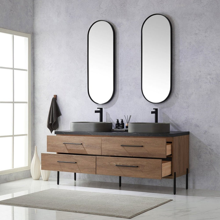 Vinnova Designs Trento 72" Double Sink Bath Vanity in North American Oak with Black Sintered Stone Top with Concrete Sink and Mirror