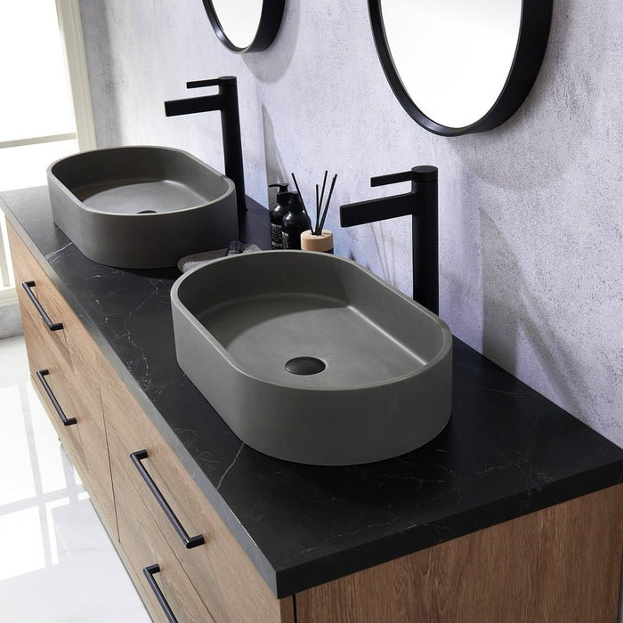 Vinnova Designs Trento 72" Double Sink Bath Vanity in North American Oak with Black Sintered Stone Top with Concrete Sink and Mirror