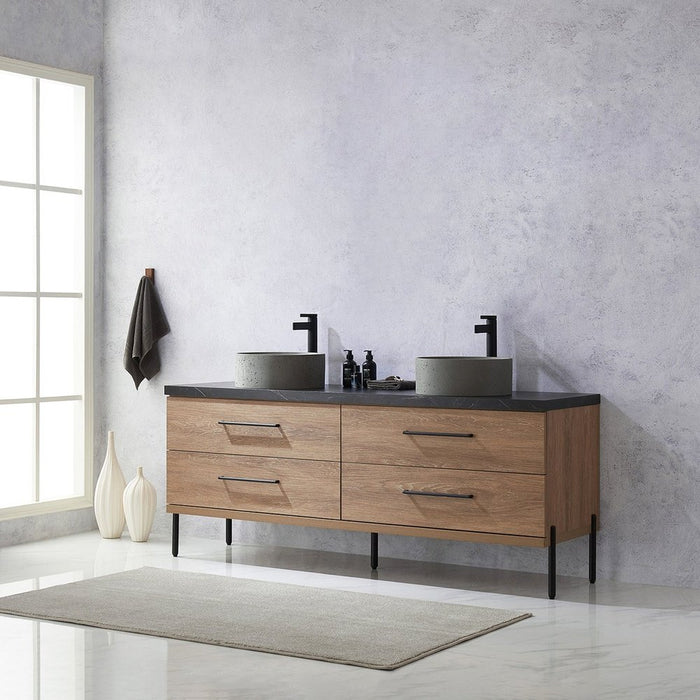 Vinnova Designs Trento 72" Double Sink Bath Vanity in North American Oak with Black Sintered Stone Top with Concrete Sink