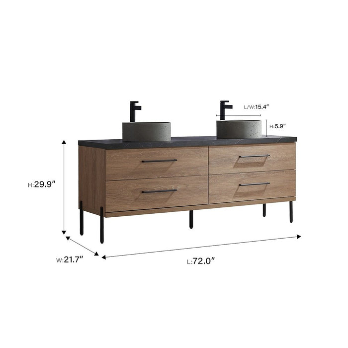 Vinnova Designs Trento 72" Double Sink Bath Vanity in North American Oak with Black Sintered Stone Top with Concrete Sink