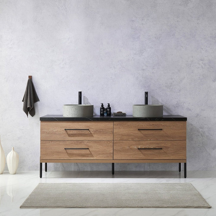 Vinnova Designs Trento 72" Double Sink Bath Vanity in North American Oak with Black Sintered Stone Top with Concrete Sink