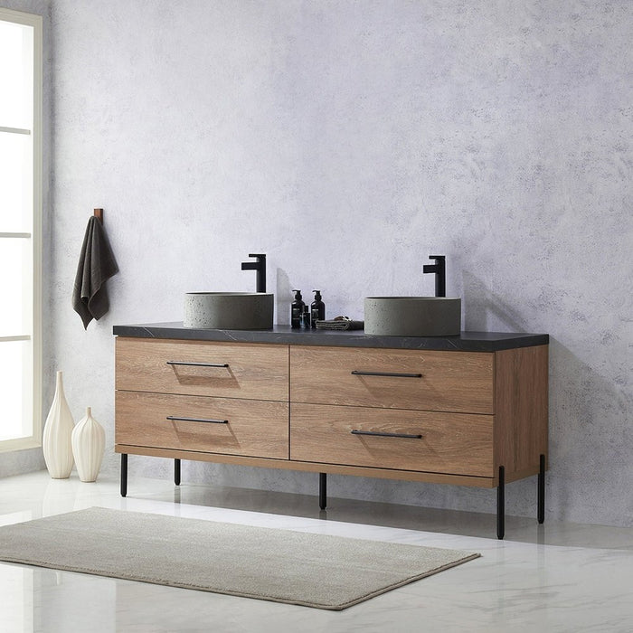 Vinnova Designs Trento 72" Double Sink Bath Vanity in North American Oak with Black Sintered Stone Top with Concrete Sink