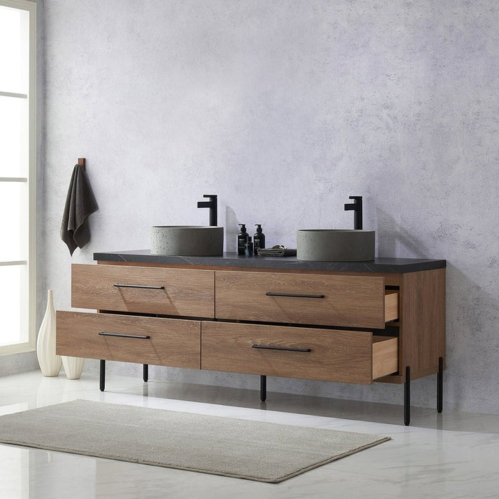 Vinnova Designs Trento 72" Double Sink Bath Vanity in North American Oak with Black Sintered Stone Top with Concrete Sink