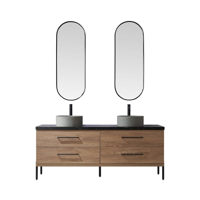 Vinnova Designs Trento 72" Double Sink Bath Vanity in North American Oak with Black Sintered Stone Top with Concrete Sink and Mirror