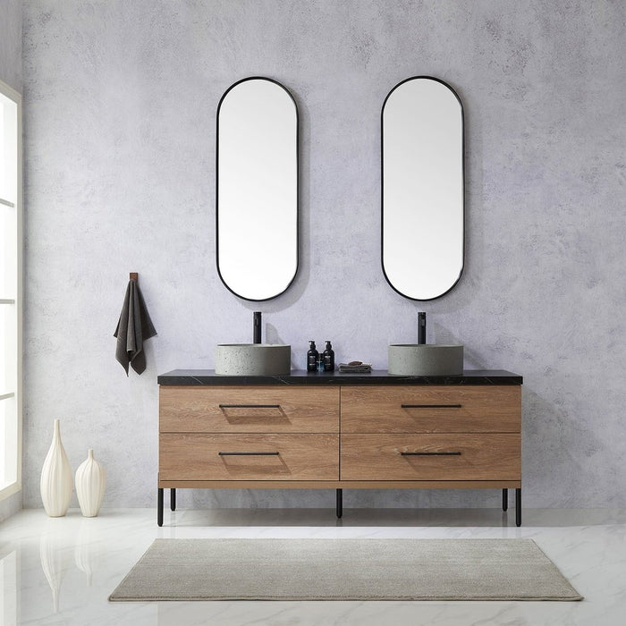 Vinnova Designs Trento 72" Double Sink Bath Vanity in North American Oak with Black Sintered Stone Top with Concrete Sink and Mirror