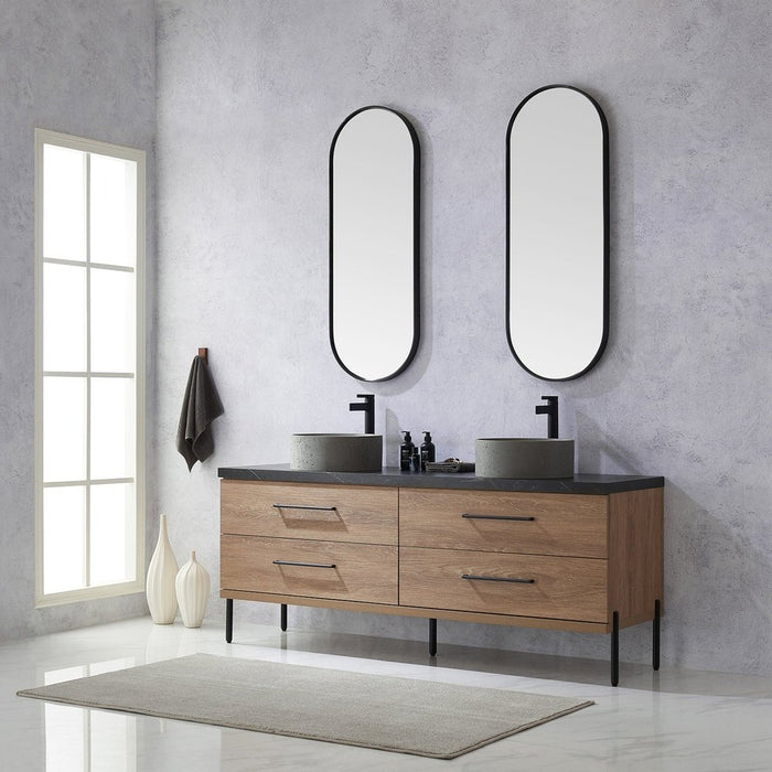 Vinnova Designs Trento 72" Double Sink Bath Vanity in North American Oak with Black Sintered Stone Top with Concrete Sink and Mirror