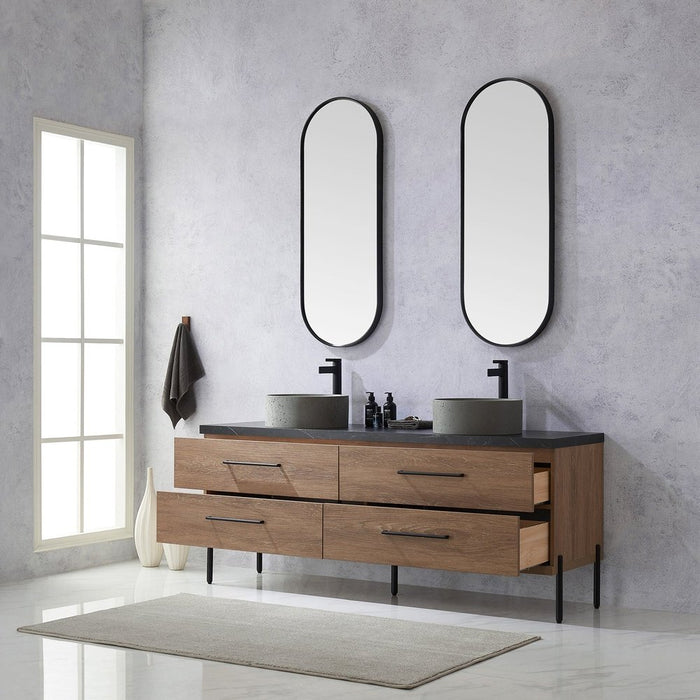 Vinnova Designs Trento 72" Double Sink Bath Vanity in North American Oak with Black Sintered Stone Top with Concrete Sink and Mirror