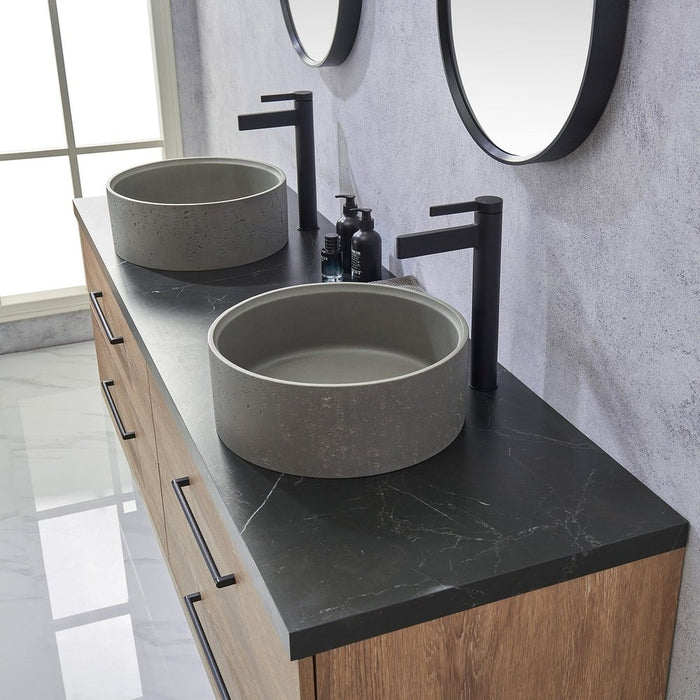 Vinnova Designs Trento 72" Double Sink Bath Vanity in North American Oak with Black Sintered Stone Top with Concrete Sink and Mirror