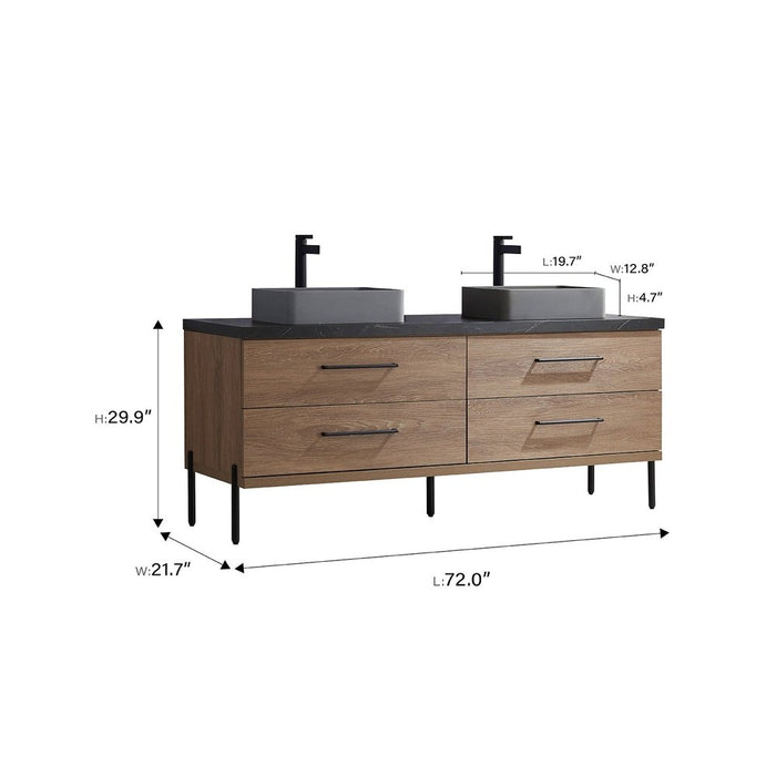 Vinnova Designs Trento 72" Double Sink Bath Vanity in North American Oak with Black Sintered Stone Top with Concrete Sink and Mirror