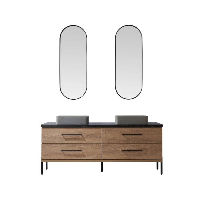 Vinnova Designs Trento 72" Double Sink Bath Vanity in North American Oak with Black Sintered Stone Top with Concrete Sink and Mirror