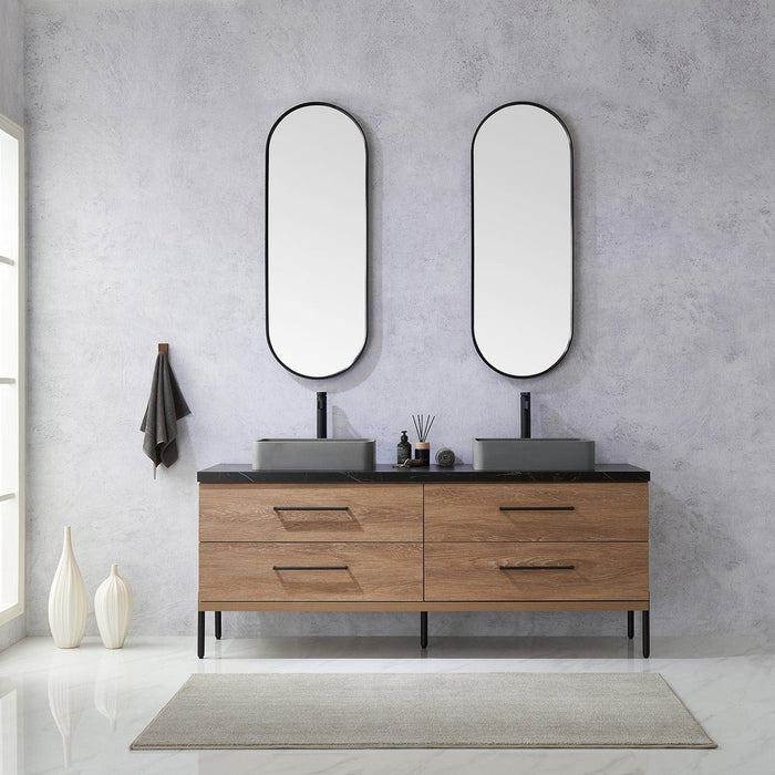 Vinnova Designs Trento 72" Double Sink Bath Vanity in North American Oak with Black Sintered Stone Top with Concrete Sink and Mirror