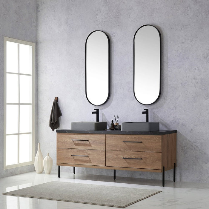 Vinnova Designs Trento 72" Double Sink Bath Vanity in North American Oak with Black Sintered Stone Top with Concrete Sink and Mirror