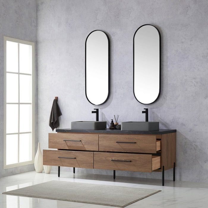 Vinnova Designs Trento 72" Double Sink Bath Vanity in North American Oak with Black Sintered Stone Top with Concrete Sink and Mirror