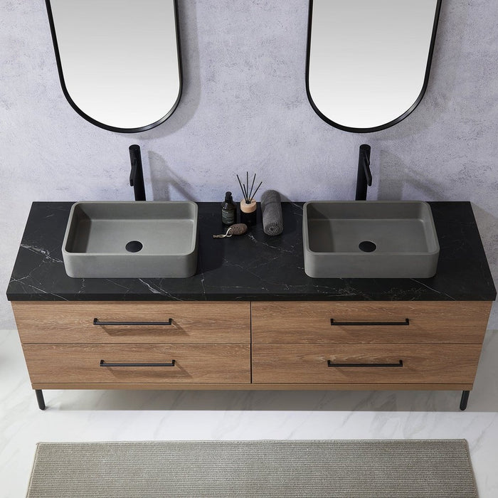 Vinnova Designs Trento 72" Double Sink Bath Vanity in North American Oak with Black Sintered Stone Top with Concrete Sink and Mirror