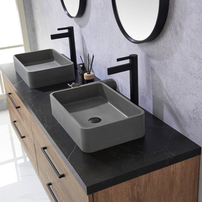 Vinnova Designs Trento 72" Double Sink Bath Vanity in North American Oak with Black Sintered Stone Top with Concrete Sink and Mirror