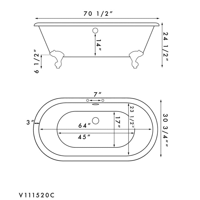 Cambridge Plumbing Acrylic Double Ended Clawfoot Soaking Tub and Complete Brushed Nickel Plumbing Package 70Inch ADE-463D-2-PKG-CP-7DH