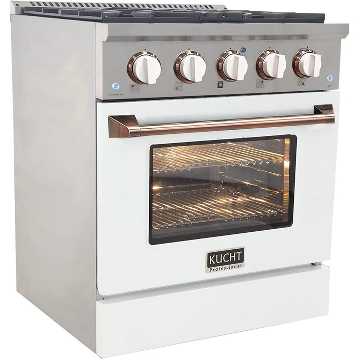 Kucht Signature 30-Inch Propane Gas Range in White with White Knobs & Rose Gold H&le (KNG301/LP-W-ROSE)