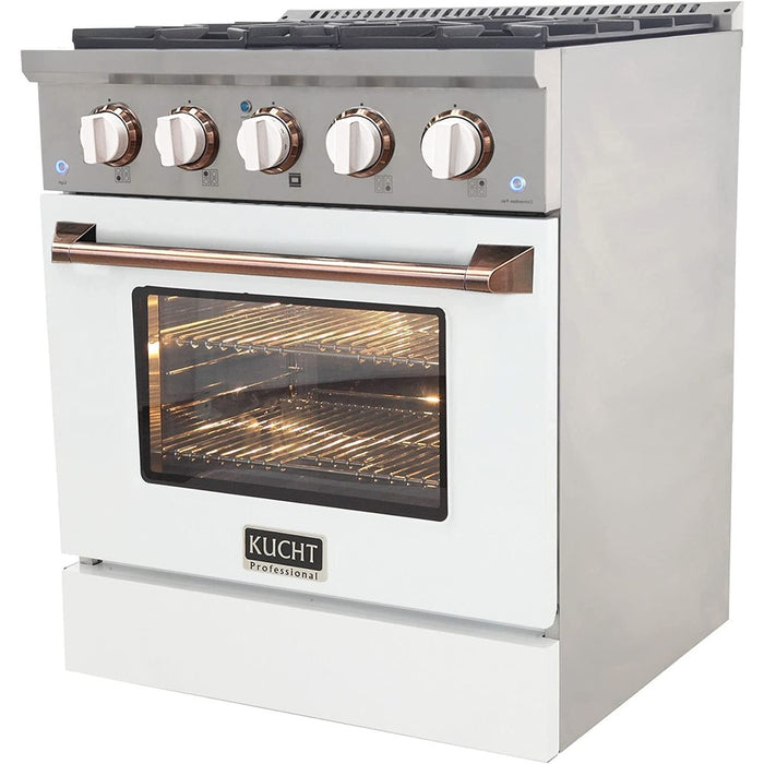 Kucht Signature 30-Inch Propane Gas Range in White with White Knobs & Rose Gold H&le (KNG301/LP-W-ROSE)