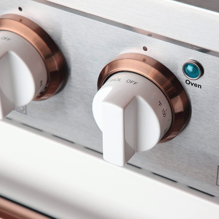 Kucht Signature 30-Inch Propane Gas Range in White with White Knobs & Rose Gold H&le (KNG301/LP-W-ROSE)