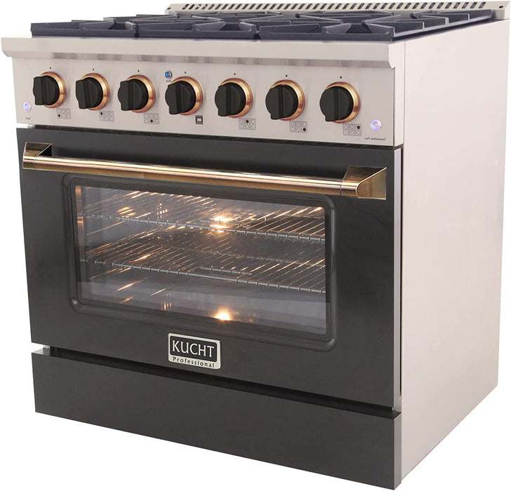 Kucht Signature 36" Propane Gas Range in Stainless Steel with Black, Gold & Silver (KNG361/LP-K-GOLD)