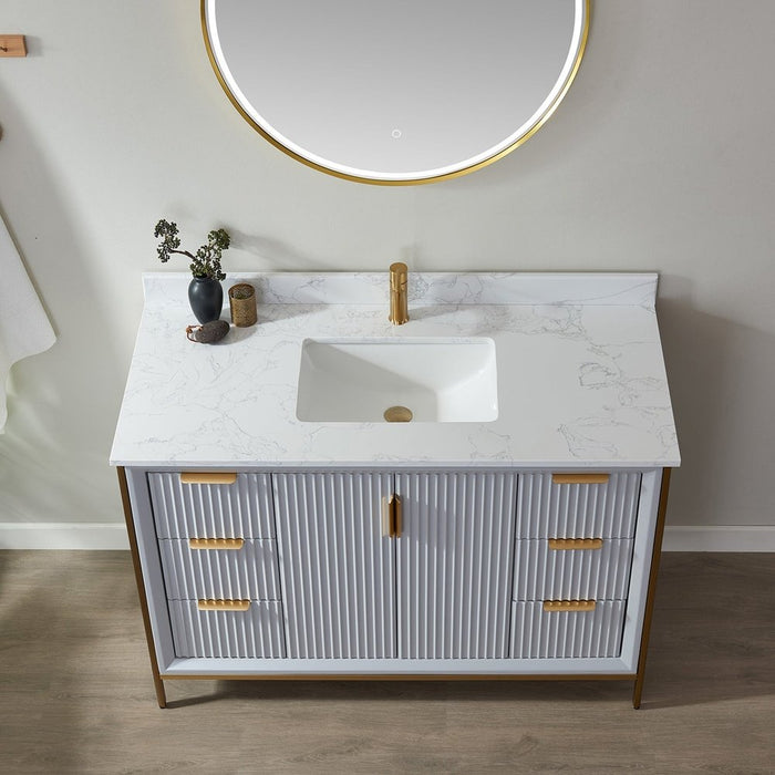 Vinnova Designs Granada 48" Vanity in Paris Grey with White Composite Grain Stone Countertop With Mirror