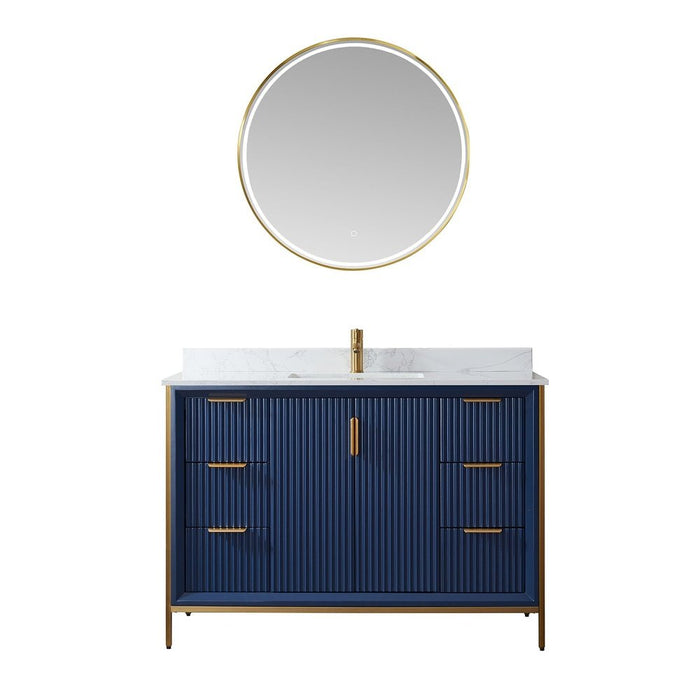 Vinnova Designs Granada 48" Vanity in Royal Blue with White Composite Grain Stone Countertop With Mirror