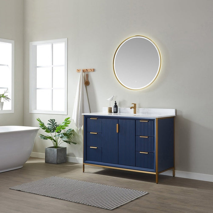 Vinnova Designs Granada 48" Vanity in Royal Blue with White Composite Grain Stone Countertop With Mirror