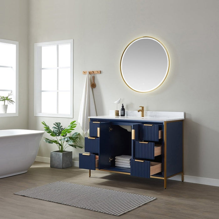 Vinnova Designs Granada 48" Vanity in Royal Blue with White Composite Grain Stone Countertop With Mirror