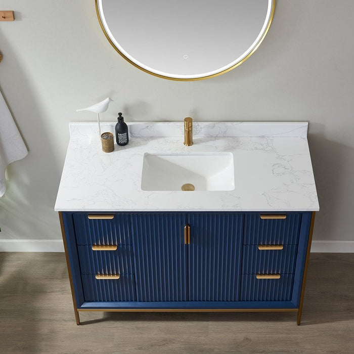 Vinnova Designs Granada 48" Vanity in Royal Blue with White Composite Grain Stone Countertop With Mirror