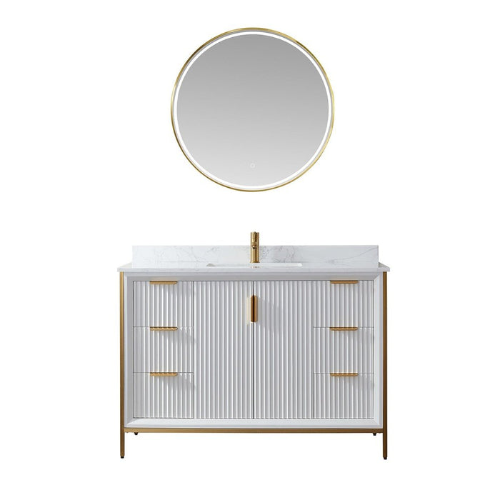 Vinnova Designs Granada 48" Vanity in White with White Composite Grain Stone Countertop With Mirror