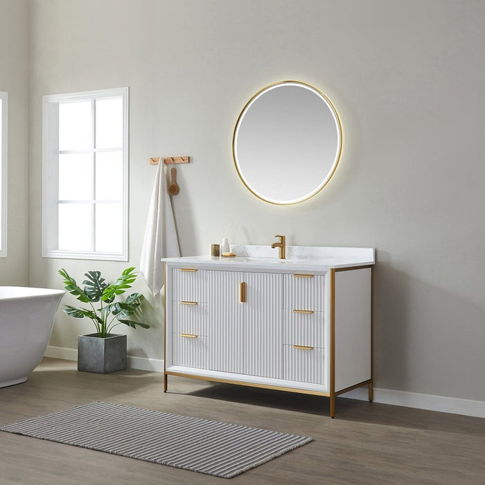 Vinnova Designs Granada 48" Vanity in White with White Composite Grain Stone Countertop With Mirror