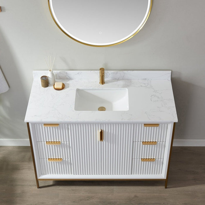 Vinnova Designs Granada 48" Vanity in White with White Composite Grain Stone Countertop With Mirror