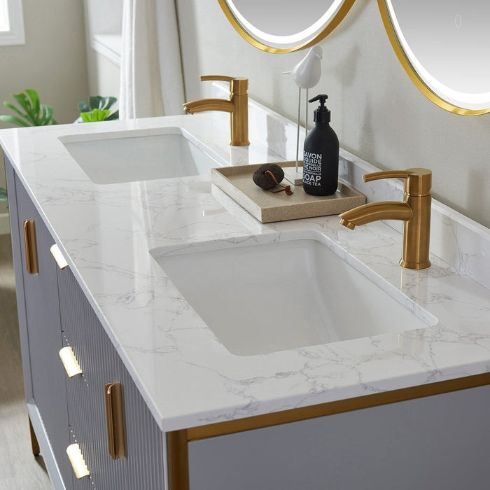 Vinnova Designs Granada 60" Vanity in Paris Grey with White Composite Grain Stone Countertop With Mirror