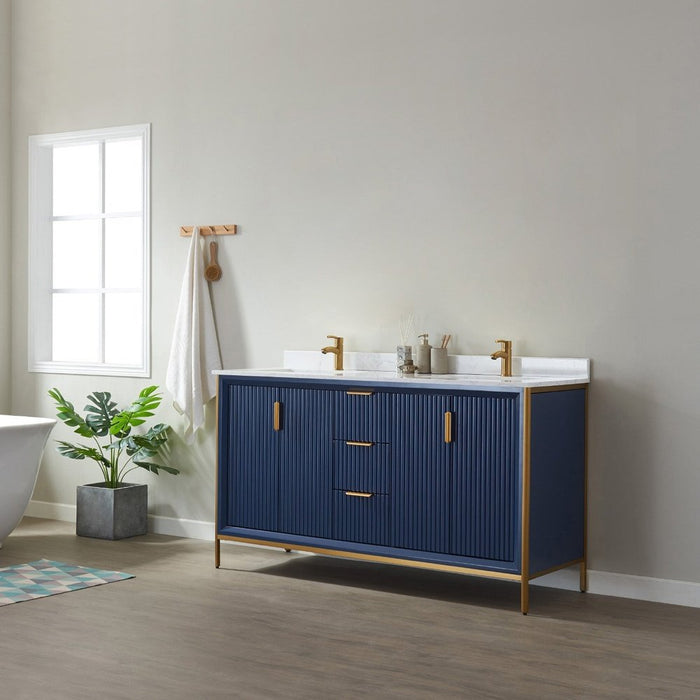 Vinnova Designs Granada 60" Vanity in Royal Blue with White Composite Grain Stone Countertop Without Mirror