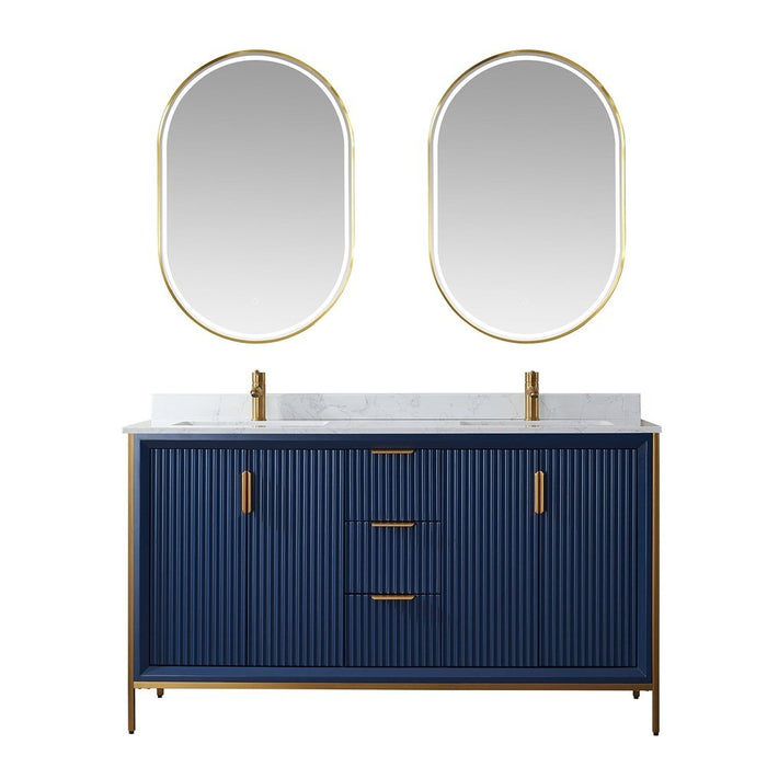 Vinnova Designs Granada 60" Vanity in Royal Blue with White Composite Grain Stone Countertop With Mirror