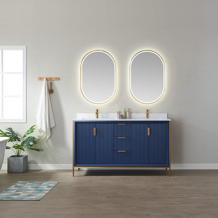 Vinnova Designs Granada 60" Vanity in Royal Blue with White Composite Grain Stone Countertop With Mirror