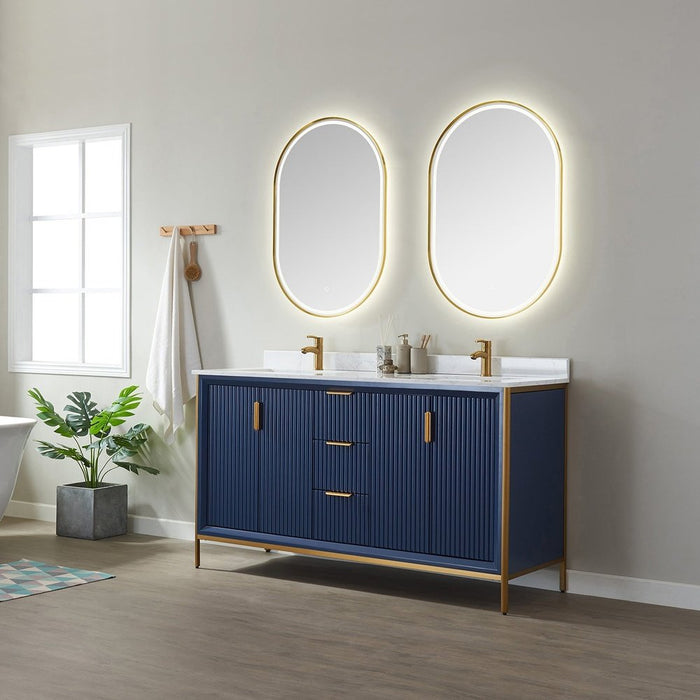 Vinnova Designs Granada 60" Vanity in Royal Blue with White Composite Grain Stone Countertop With Mirror