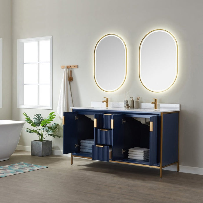 Vinnova Designs Granada 60" Vanity in Royal Blue with White Composite Grain Stone Countertop With Mirror