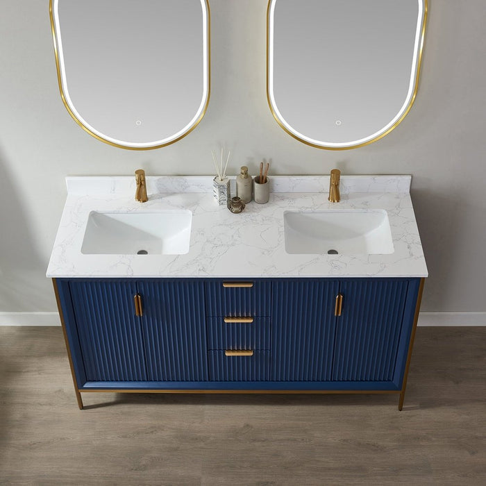 Vinnova Designs Granada 60" Vanity in Royal Blue with White Composite Grain Stone Countertop With Mirror