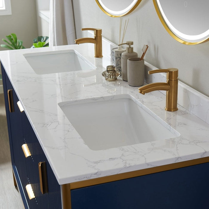 Vinnova Designs Granada 60" Vanity in Royal Blue with White Composite Grain Stone Countertop With Mirror