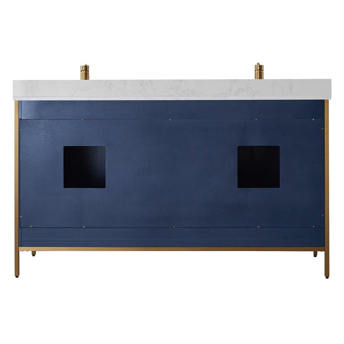 Vinnova Designs Granada 60" Vanity in Royal Blue with White Composite Grain Stone Countertop With Mirror