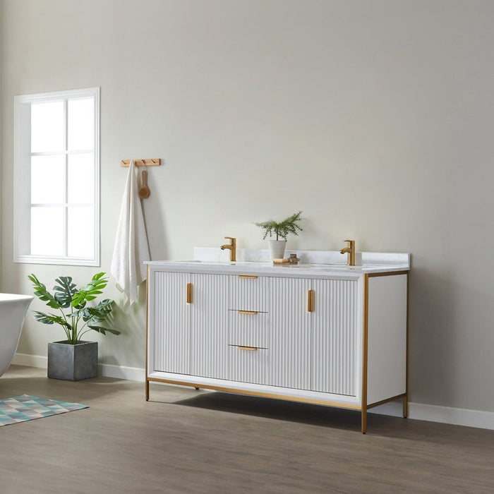 Vinnova Designs Granada 60" Vanity in White with White Composite Grain Stone Countertop Without Mirror