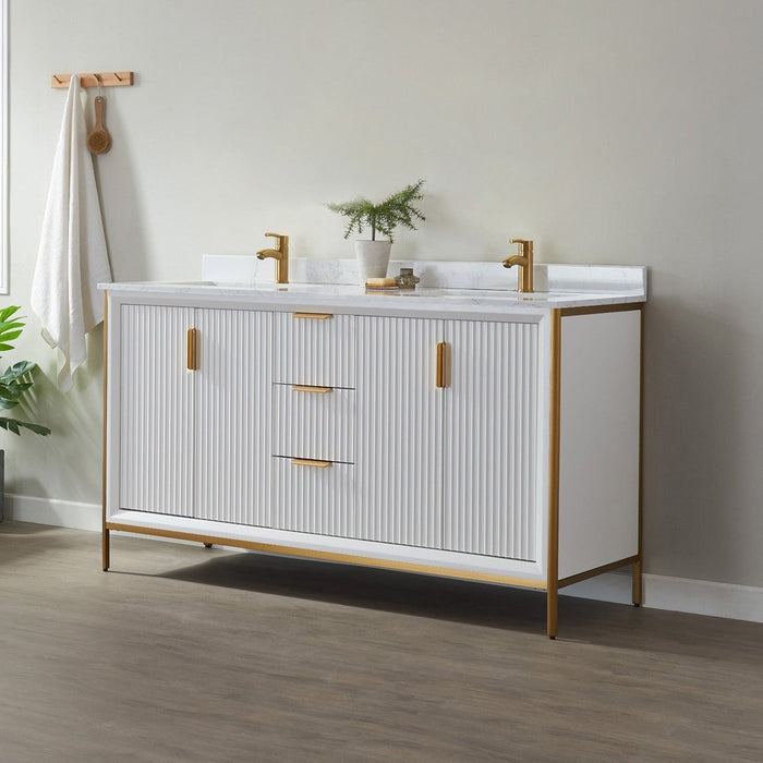 Vinnova Designs Granada 60" Vanity in White with White Composite Grain Stone Countertop Without Mirror