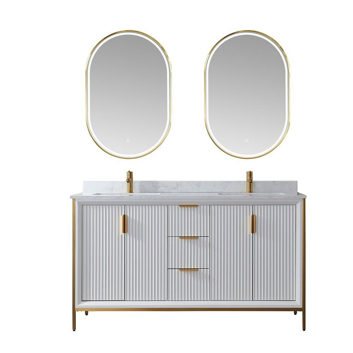 Vinnova Designs Granada 60" Vanity in White with White Composite Grain Stone Countertop With Mirror