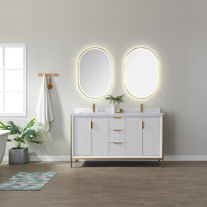 Vinnova Designs Granada 60" Vanity in White with White Composite Grain Stone Countertop With Mirror