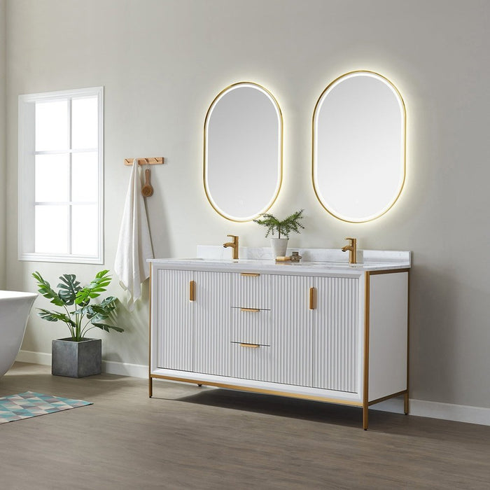 Vinnova Designs Granada 60" Vanity in White with White Composite Grain Stone Countertop With Mirror