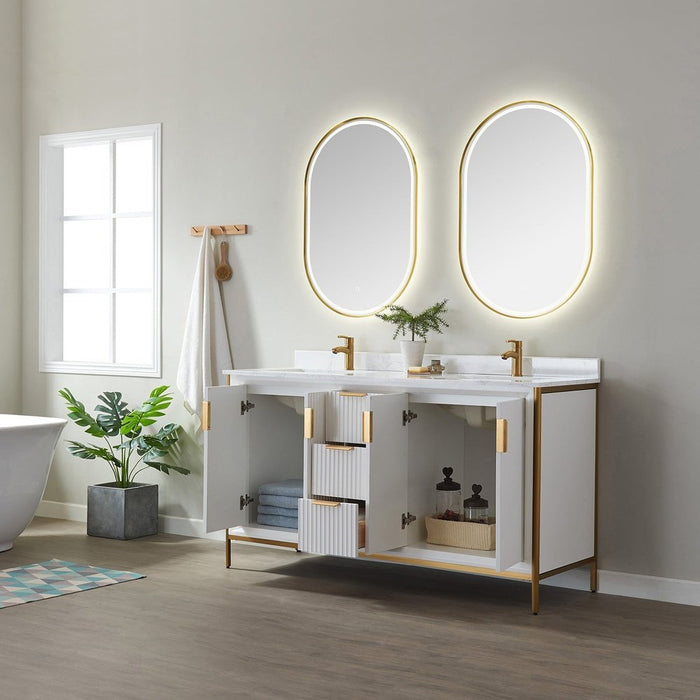 Vinnova Designs Granada 60" Vanity in White with White Composite Grain Stone Countertop With Mirror